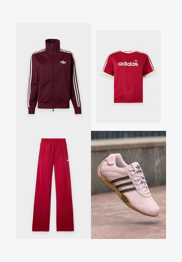 Tummanpunainen vetoketjullinen treenitakki, jossa valkoinen Adidas-logo rinnassa ja kolme valkoista raitaa kulkevat hihojen ja hihansuiden läpi.; Punainen Adidas verkkopaita, jossa on beigeä reunusta kauluksessa, hihoissa ja kolmessa raidassa olkapäillä, etupuolella Adidas-logo ja teksti.; Punaiset leveälahkeiset verkkarit, joissa on joustava vyötärönauha, sivuilla vetoketjulliset taskut, valkoiset raidat sivuilla ja pieni valkoinen logo vasemmassa reidessä.; Vaaleanpunaiset mokkanahkakengät, joissa on kumipohja, kolmet tummat raidat, nauhat ja Adidas-logo kielen päällä. Pyöristetty kärki.