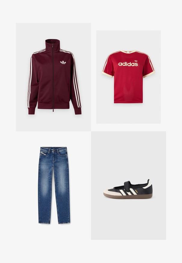 Tummanpunainen vetoketjullinen treenitakki, jossa valkoinen Adidas-logo rinnassa ja kolme valkoista raitaa kulkevat hihojen ja hihansuiden läpi.; Punainen Adidas verkkopaita, jossa on beigeä reunusta kauluksessa, hihoissa ja kolmessa raidassa olkapäillä, etupuolella Adidas-logo ja teksti.; Farkut keskisinisessä sävyssä, jossa on kulunut pinta. Varustettu viidellä taskulla, vyölenkeillä ja suoranlahkeisella leikkauksella. Ompeleet korostuvat.; Musta ja beige tennari, jossa on tarrakiinnitys, kolme valkoista raitaa sivulla ja teksturoitu ruskea kumipohja. Brändin logo näkyvissä.