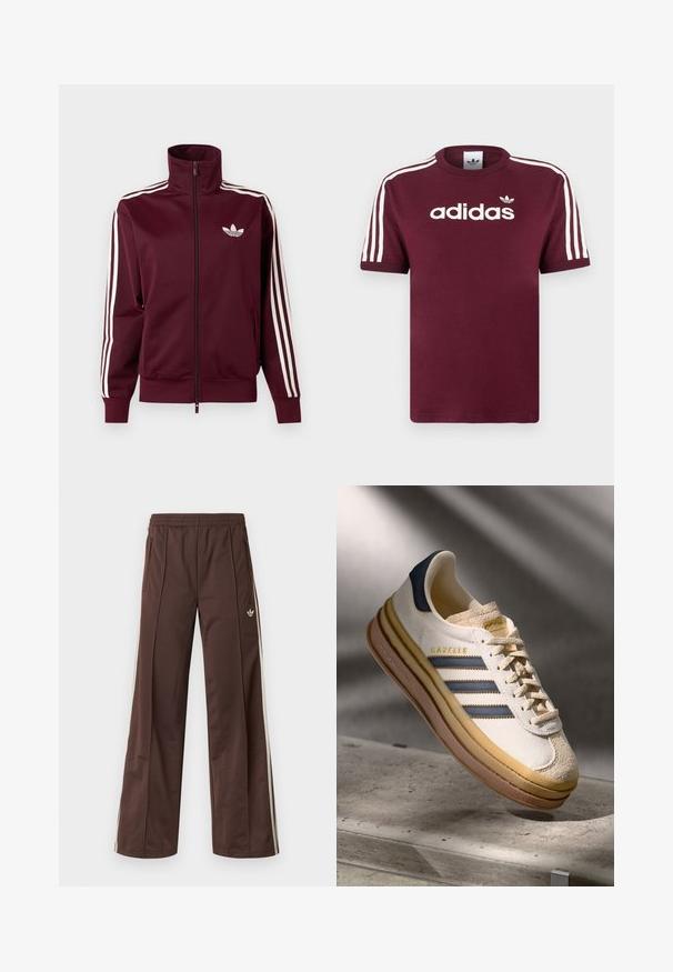 Vinrød lynlåstræningstrøje med hvid Adidas-logo på brystet og tre hvide striber ned langs hver ærme og manchetter.; Mørkerød bomulds T-shirt med hvide stribede ærmer, med "adidas" logo i hvid på brystet og et lille logo ovenover.; Brune atletiske bukser med vidde ben, hvide striber på siden, elastisk linning og to sidelommer. Har et lille logo på benet.; Adidas Gazelle sneaker med en creme farvet ruskindsoverdel, blå læderdetaljer, tre blå striber, beige mellemsål og brune gummisål.