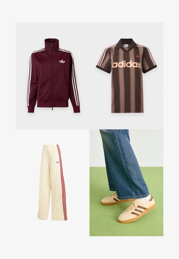 Vinrød lynlåstræningstrøje med hvid Adidas-logo på brystet og tre hvide striber ned langs hver ærme og manchetter.; Brunstribet Adidas polo-shirt med V-hals, bordeaux krave og rødt logo. Har hvide og røde skulderstriber samt korte ærmer.; Kremfarvede vidde træningsbukser med røde sidelommer, elastisk talje, lynlåslomme og rødt Adidas-logo på låret.; Beige sneakers med teksturerede cremefarvede paneler og brune striber, parret med blå denim jeans. Jeansene har brede ben og en frynset kant.