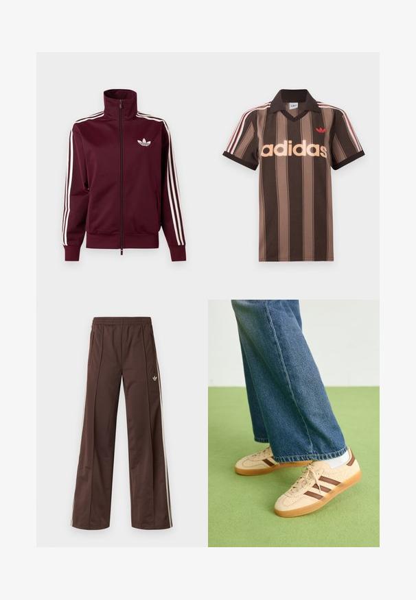 Vinrød lynlåstræningstrøje med hvid Adidas-logo på brystet og tre hvide striber ned langs hver ærme og manchetter.; Brunstribet Adidas polo-shirt med V-hals, bordeaux krave og rødt logo. Har hvide og røde skulderstriber samt korte ærmer.; Brune atletiske bukser med vidde ben, hvide striber på siden, elastisk linning og to sidelommer. Har et lille logo på benet.; Beige sneakers med teksturerede cremefarvede paneler og brune striber, parret med blå denim jeans. Jeansene har brede ben og en frynset kant.