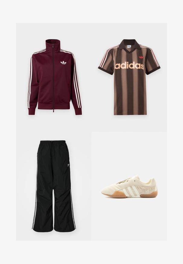Vinrød lynlåstræningstrøje med hvid Adidas-logo på brystet og tre hvide striber ned langs hver ærme og manchetter.; Brunstribet Adidas polo-shirt med V-hals, bordeaux krave og rødt logo. Har hvide og røde skulderstriber samt korte ærmer.; Sorte vindjakke-bukser med elastisk talje, snøre, hvide side-striber, løs pasform og en lille logo på venstre side.; Lavprofileret beige sneaker med tre hvide striber, teksturerede ruskindssidepaneler, gummisål og snørelukning på ensfarvet baggrund.