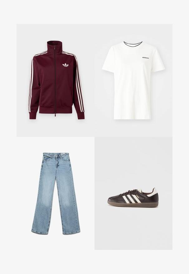 Hnedočervená športová bunda na zips s bielym logom Adidas na hrudi a tromi bielymi pásmi vedúcimi po celej dĺžke rukávov a manžiet.; Biela bavlnená tričko s krátkymi rukávmi a okrúhlym výstrihom. Obsahuje čierne logo Adidas na hrudi a kontrastný čierny vnútorný golier.; Svetlomodré rifle s vysokým pásom a širokými nohavicami, so zapínaním na gombík a zips, prednými a zadnými vreckami a opaskovými pútkami.; Tmavohnedé kožené tenisky s bielym dizajnom troch pruhov, gumovou podrážkou a nápisom "Samba" v zlatej farbe na boku. Klasický nízky strih.