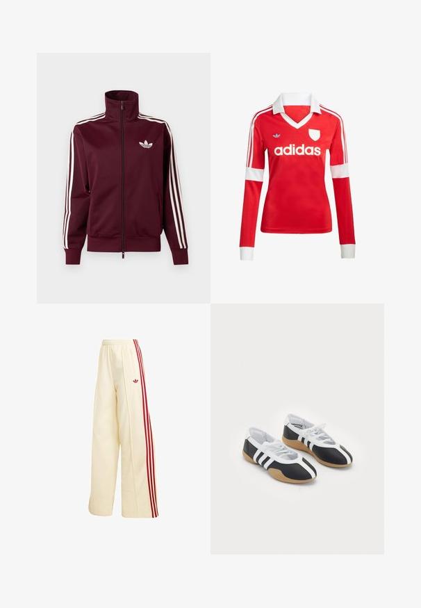 Veste de survêtement bordeaux à fermeture éclair avec logo Adidas blanc sur la poitrine et trois bandes blanches courant le long de chaque manche et des poignets.; Maillot de football à manches longues rouge avec un col et des poignets blancs. Présente trois rayures blanches sur les épaules et le logo "adidas" affiché en évidence.; Pantalon de survêtement ample couleur crème avec bandes latérales rouges, taille élastique, poche zippée et logo Adidas rouge sur la cuisse.; Baskets de sport noir et blanc au design élégant, semelle en caoutchouc, fermeture à lacets et trois rayures blanches sur les côtés.