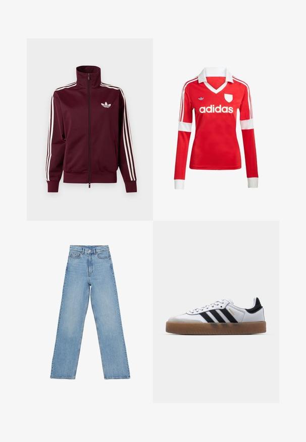 Vinrød lynlåstræningstrøje med hvid Adidas-logo på brystet og tre hvide striber ned langs hver ærme og manchetter.; Rød langærmet fodboldtrøje med hvid krave og manchetter. Har tre hvide striber på skuldrene og "adidas" logoet fremtrædende vist.; Lys blå denim jeans med høj talje, lige ben-design, der har fem lommer og en knaplukning. Ingen synlige mønstre.; Hvide lædersneakers med sorte striber, gummirubber sål, rund tå, snørelukning og blød grå ruskinds tåhætte.