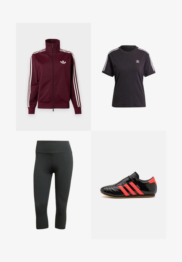 Vinrød lynlåstræningstrøje med hvid Adidas-logo på brystet og tre hvide striber ned langs hver ærme og manchetter.; Sort bomulds t-shirt med korte ærmer og rund hals, der har hvide striber på skuldrene og et lille hvidt Adidas-logo på brystet.; Sort capri leggings lavet af strækmateriale, med en bred talje og hvide sideluminiumstriber for kontrast og detalje.; Sorte atletiske sko med tre horisontale pink striber, slank design, glat patentlæderoverdel, gummisål, teksturerede syninger.