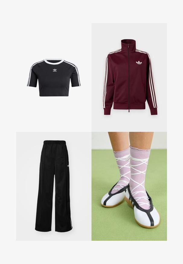 Vinrød lynlåstræningstrøje med hvid Adidas-logo på brystet og tre hvide striber ned langs hver ærme og manchetter.; Sort cropped t-shirt lavet af bomuld, med en ribbet hvid rund halsudskæring, korte raglanærmer og hvide side striber med et lille logo.; Sorte brede træningsbukser med elastisk talje, prydet med hvide side-striber og et lille logo på venstre hofte. Glat stofstruktur.; Ben iført ribbet lilla sokker med hvide krydsede stropper kombineret med hvide balletsko med sort kant på grøn gulv.