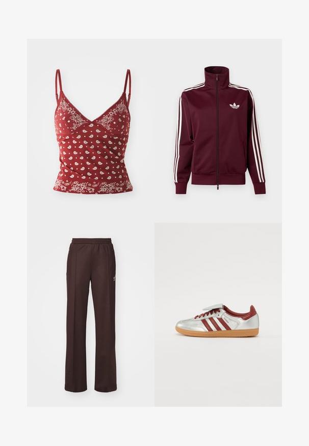Vinrød lynlåstræningstrøje med hvid Adidas-logo på brystet og tre hvide striber ned langs hver ærme og manchetter.; Rød camisole med hvidt paisley mønster, justerbare stropper, v-udskæring og bølget kant. Fremstillet af blødt, let materiale.; Brune træningsbukser med elastisk talje, to sidelommer og et lille logo på venstre side, lavet af et blødt stof.; Sølv atletiske sko med røde striber, en struktureret gummisål og en Velcro-strop på toppen. Har en glat læderfinish og polstret krave.