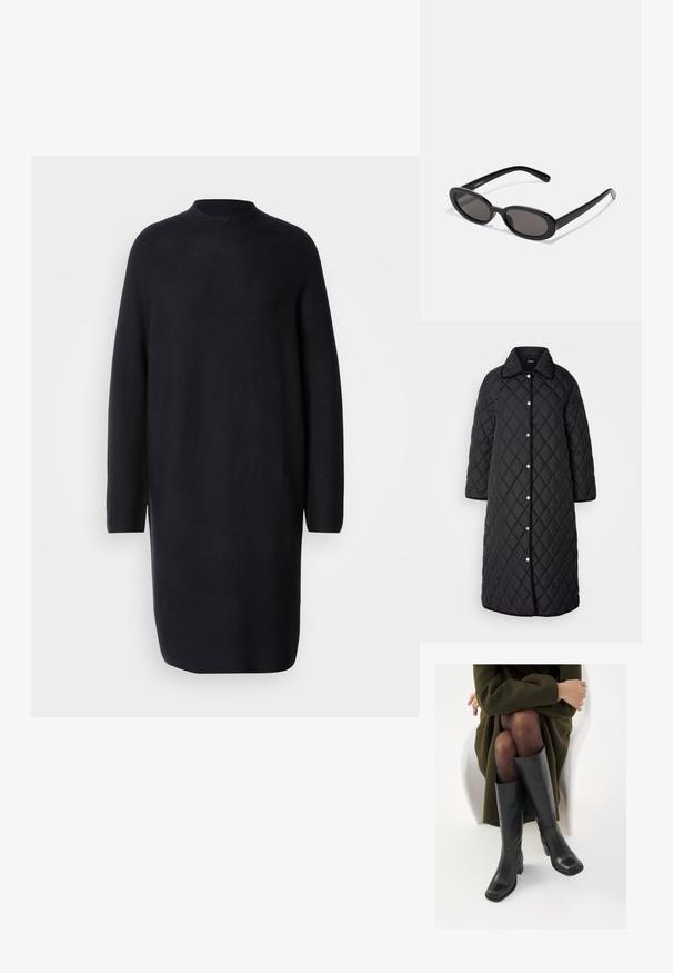 Manteau long noir matelassé avec un col, décoré de motifs en diamant, de boutons-pression et de finitions noires. Conçu avec des poches latérales et une coupe droite.; Robe en maille noire à manches longues avec un col montant. Présente une coupe décontractée et un ourlet qui tombe juste au-dessus du genou. Texture douce.; Bottes en cuir noires arrivant au genou, avec un bout carré et un talon carré, présentées sur un modèle assis dans un manteau vert olive. Texture lisse, détails minimaux.; Even&Odd Lunettes de soleil - black