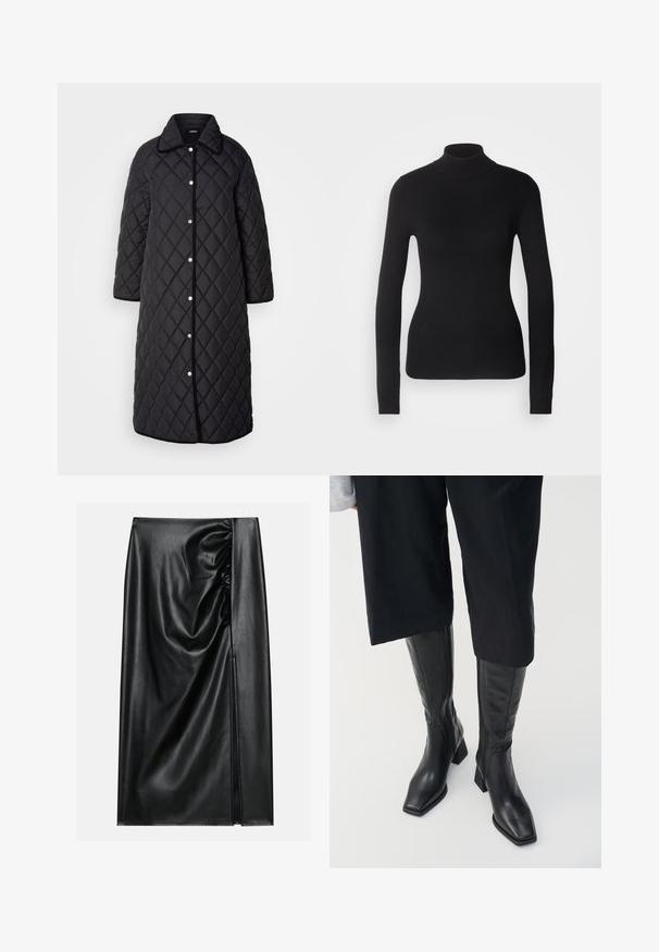 Lang sort quiltet frakke med krave, prydet med diamantmønstre, trykknapper og sort kant. Designet med sidelommer og lige snit.; Sort turtleneck sweater lavet af let strikket stof. Har lange ærmer, et tætsiddende design og en blød ribbet tekstur.; Sort læderskirt med en glat overflade, der har en indsamlet sektion på den ene side og en skråning på siden for ekstra detaljer.; Sorte læder støvler til knæene med firkantet tå og blokhælc. Har en sidezipper og glat tekstur.
