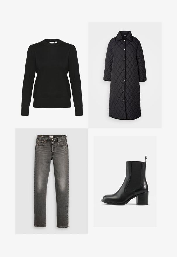 Manteau long noir matelassé avec un col, décoré de motifs en diamant, de boutons-pression et de finitions noires. Conçu avec des poches latérales et une coupe droite.; Pull en tricot noir avec des manches longues, un col rond et des poignets et un ourlet côtelés. Présente des manches légèrement bouffantes pour une texture ajoutée.; Jean en denim gris avec une coupe droite, texture usée, décoloration subtile, rivets en cuivre et une fermeture à bouton classique.; Botte noire en cuir à chevilles avec panneaux latéraux en élastique, bout rond et talon bloc. Texture lisse avec peu de détails de couture.