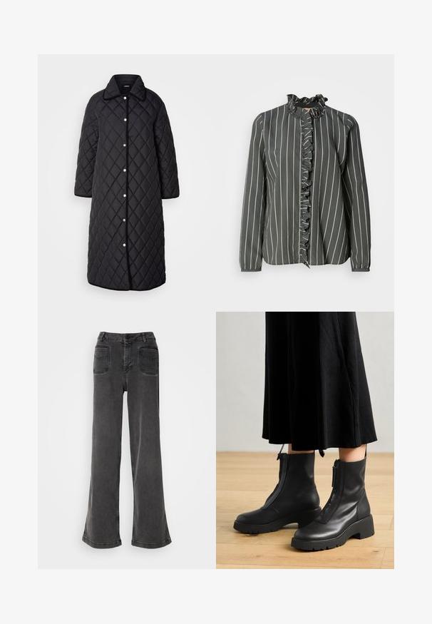 Lange zwarte gewatteerde jas met kraag, voorzien van ruitpatronen, drukknoopsluitingen en zwarte afwerking. Ontworpen met zijzakken en een rechte snit.; Mos Mosh STRIPE SHIRT - Overhemdblouse - urban chic; Hoge taille, wijd-uitlopende zwarte jeans gemaakt van denim, met een knoopsluiting, riemlussen en twee achterzakken met gestikte accenten.; Zwarte leren enkelboots met een chunky platformzool en een rits aan de voorkant. Glad oppervlak met een minimalistisch ontwerp.