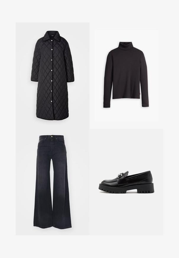 Manteau long noir matelassé avec un col, décoré de motifs en diamant, de boutons-pression et de finitions noires. Conçu avec des poches latérales et une coupe droite.; Pull en maille côtelée noir à col roulé, avec des manches longues et une coupe ajustée. Texture douce, légère élasticité et une étiquette sur le côté inférieur.; Jean noir taille haute à jambes larges, avec bouton et fermeture éclair à l'avant, et style cinq poches.; Mocassins en cuir noir avec une semelle épaisse et nervurée et un accent de boucle métallique sur la sangle. Texture lisse, design classique.