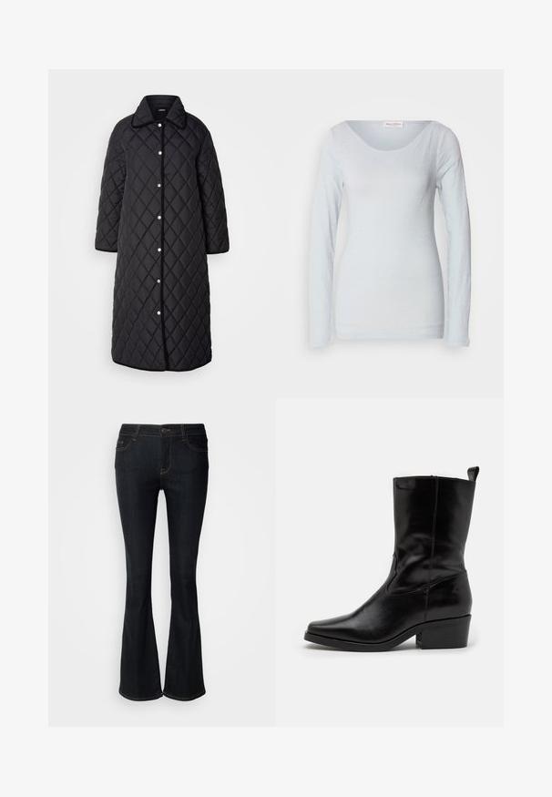 Manteau long noir matelassé avec un col, décoré de motifs en diamant, de boutons-pression et de finitions noires. Conçu avec des poches latérales et une coupe droite.; T-shirt à manches longues de couleur bleu clair, fabriqué en tissu doux, avec un col rond, présentant une texture lisse et une silhouette ajustée.; Jean évasé bleu foncé, fabriqué en denim. Doté d'une taille mi-haute, de cinq poches et de coutures contrastées le long des coutures. Design classique et fonctionnel.; Bottines en cuir noir avec un bout pointu, un petit talon carré et un détail de couture. Elles sont dotées de panneaux élastiques sur les côtés pour un enfilage facile.