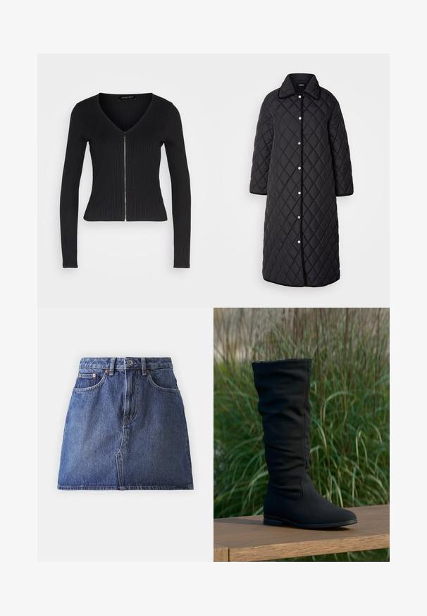 Manteau long noir matelassé avec un col, décoré de motifs en diamant, de boutons-pression et de finitions noires. Conçu avec des poches latérales et une coupe droite.; Haut noir à manches longues à côtes, avec un col en V et une fermeture éclair à l'avant. Présente un design ajusté et une texture douce.; Jupe en denim bleu foncé, dotée d'une taille haute, de cinq poches et de coutures contrastées. Ourlet soigné et fermeture à bouton classique à la taille.; Botte noire montante jusqu'au genou en tissu doux, présentant un design décontracté, un bout pointu et une semelle plate, sur un fond herbeux.