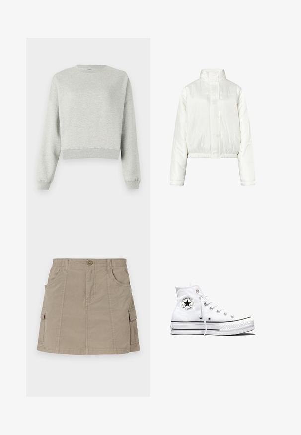 Weiße wattierte Jacke mit hohem Kragen, langen Ärmeln, Druckknopfverschluss und elastischem Bund.; Grauer Sweatshirt aus weichem, strukturiertem Stoff. Mit Rundhalsausschnitt, langen Ärmeln und cropped Saum. Einfaches Design, keine Muster oder Akzente.; Khakifarbenem Cargo-Rock mit einem Taillenbund, frontalen Taschen und seitlichen Cargo-Taschen. Hergestellt aus einem leichten Stoff mit glatter Textur.; Weißer Converse Chuck Taylor All Star High-Top-Sneaker mit schwarzem Logo-Patch und weißen Schnürsenkeln, dargestellt auf weißem Hintergrund.