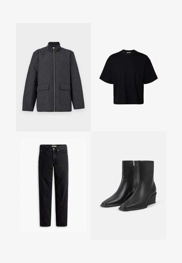 Veste matelassée gris foncé avec un col montant, une fermeture éclair frontale et deux poches à rabat. Présente un motif texturé sur tout le tissu.; T-shirt noir oversize à manches courtes avec col rond et coupe décontractée, présenté sur fond blanc uni.; Jeans noirs à jambe droite avec fermeture à bouton et à zip, passants de ceinture et poches avant et arrière, présentés à plat sur un fond blanc.; Paire de bottines en cuir noir avec bouts pointus, talons compensés et fermetures éclair latérales sur un fond clair uni.