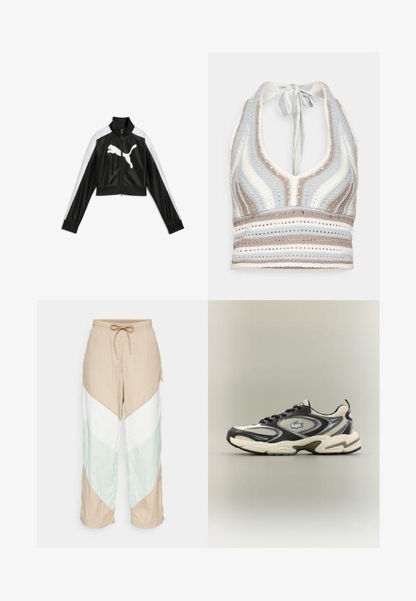 Zwart-wit sportjack met ritssluiting, lange mouwen en een groot wit Puma-logo aan de voorkant.; Haken haltertop met lichtblauwe, beige en witte strepen, een diepe V-halslijn en een strik aan de achterkant. Open geweven textuur door het hele ontwerp.; Lichte, kleurgebloekte broek met beige, witte en lichtgroene panelen in een chevron ontwerp. Elastische tailleband met verstelbare trekkoord.; Zwarte en beige mesh sneakers hebben een gewatteerde kraag, een gestructureerd bovenwerk en een opvallend logo aan de zijkant. Slanke vormgeving met een gebogen zool.