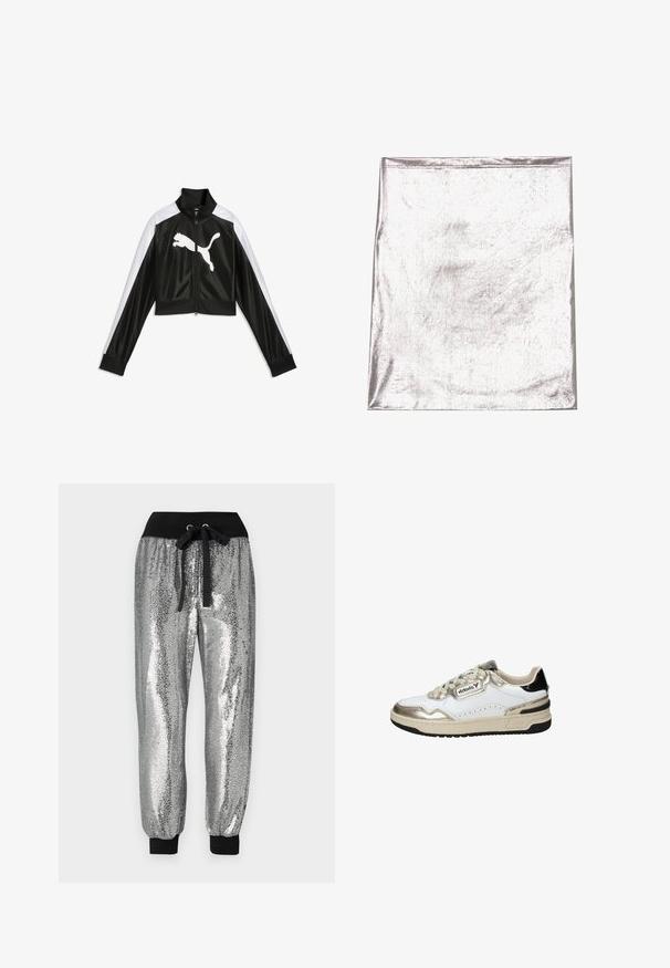 Chaqueta deportiva negra y blanca con cremallera, mangas largas y un gran logo blanco de Puma en el frente.; Tejido metálico plateado con una textura suave y un ligero brillo. Forma rectangular, bordes bien cosidos, sin patrones o acentos prominentes.; Pantalones jogger de lentejuelas plateadas con cinturilla elástica negra, cordón y puños negros en los tobillos para un ajuste ajustado.; Zapatilla blanca y dorada con acentos negros, que presenta piel suave, puntera redonda, diseño de cordones y suela de goma texturizada.