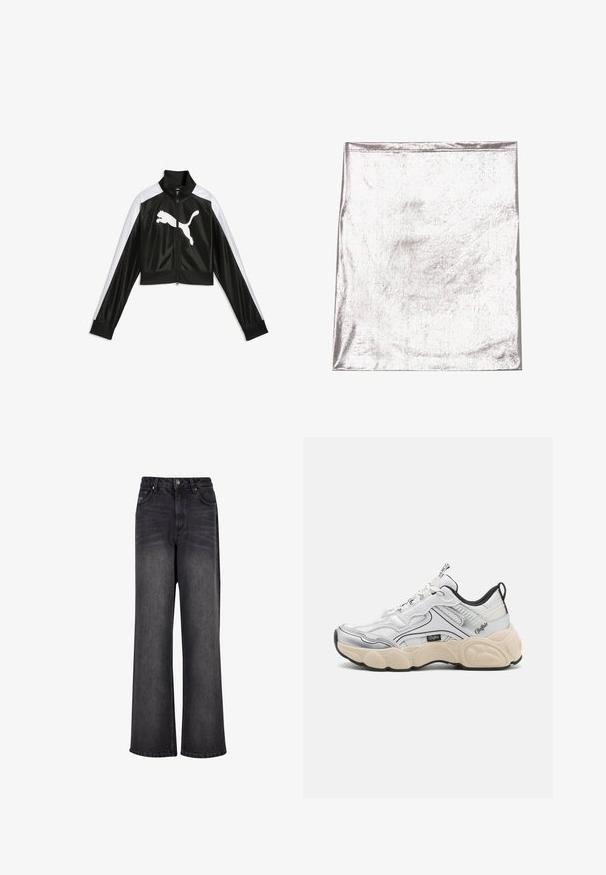 Chaqueta deportiva negra y blanca con cremallera, mangas largas y un gran logo blanco de Puma en el frente.; Tejido metálico plateado con una textura suave y un ligero brillo. Forma rectangular, bordes bien cosidos, sin patrones o acentos prominentes.; Pantalones vaqueros negros de pierna ancha con una textura suave, que cuentan con una cintura alta, bolsillos frontales y un cierre de botón.; Zapato deportivo blanco con paneles de malla y sintéticos, acentos plateados, suela gruesa en color crema y detalles en negro en contraste. Cuenta con un sistema de cordones.