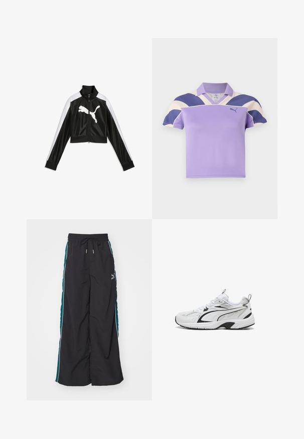 Sort og hvid sportjakke med lynlås, lange ærmer og en stor hvid Puma-logo på forsiden.; Lilla polo skjorte med krave, der har store cremefarvede og marineblå striber på skuldrene. Blødt, struktureret stof med et uformelt design.; Sorte bukser med bred benvidde, som har en snøre i taljen, teal-farvede sidelægger og hvide accentstriber. Fremstillet af et glat og let materiale.; Hvide og sorte atletiske sneakers med mesh- og læderdetaljer, snørebåndslukning og tyk polstret sål på en hvid baggrund.