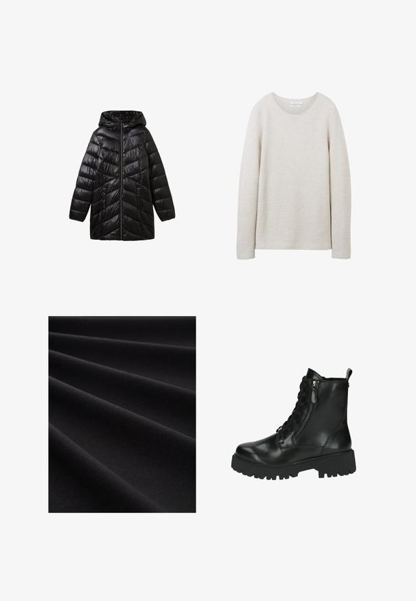 Schwarze Steppjacke mit Kapuze, Reißverschluss, Zickzack-Steppmuster und Seitentaschen. Glatte, glänzende Oberfläche.; Helle beige Langarmpullover mit Rundhalsausschnitt, strukturiertem Rippdesign und geradem Saum. Weicher Stoff mit dezenten Streifen.; Glatter schwarzer Stoff mit weichen Falten, die diagonale Linien und subtile Schatten erzeugen und dabei die Textur und den matten Finish betonen.; Schwarze Lederknöchelstiefel mit glänzender Oberfläche, Schnürung vorne, seitlichem Reißverschluss und strukturiertem, robuster Gummisohle.
