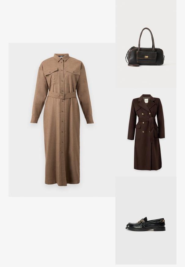 Manteau en laine marron foncé à double boutonnage avec boutons dorés, larges revers, poches à rabat et ceinture nouée à la taille, longueur au genou.; Robe chemise marron à manches longues avec col, fermeture à boutons, deux poches poitrine et une ceinture assortie. Fabriquée en tissu texturé et tissé.; Mocassins en cuir noir avec une finition brillante, dotés de deux boucles dorées et d'un talon bas. Texture lisse avec un design à bout arrondi.; Sac à main en cuir marron foncé avec deux poignées, une poche avant avec un fermoir doré et une bandoulière amovible sur un fond uni.