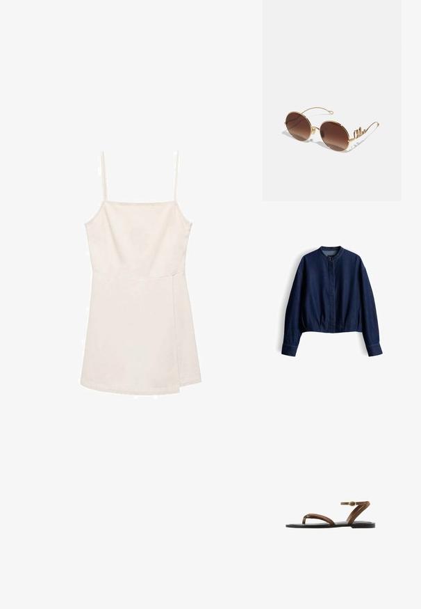 Donkerblauwe spijkerjas met lange mouwen, opstaande kraag, knoopsluiting aan de voorkant en licht geplooide zoom tegen een witte achtergrond.; Lichtbeige mouwloze top met dunne bandjes, met een eenvoudig recht ontwerp en een gladde, licht glanzende textuur. Geen patronen of accenten.; Bruine platte sandaal met dunne bandjes, teenlus en enkelriem met een kleine gouden gesp, op een zwarte zool.; Ronde zonnebrillen met bruine lenzen en een goud metalen rand. Voorzien van gebogen armen met decoratieve accenten. Gladde textuur, minimalistisch ontwerp.