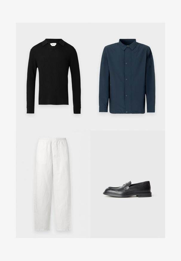 Chemise à manches longues bleu foncé en tissu texturé, avec fermeture boutonnée sur le devant, col classique et poches latérales, sur un fond uni.; Pull noir à manches longues côtelé avec un col en V et un col. Le tissu présente une finition texturée, mettant en valeur son design élégant.; Pantalon blanc ample avec taille élastique et jambes droites, confectionné en tissu léger.; Mocassins en cuir noir avec une finition texturée, dotés d'une bride décorative à l'avant et d'un bout arrondi. Semelle en caoutchouc pour plus de durabilité.