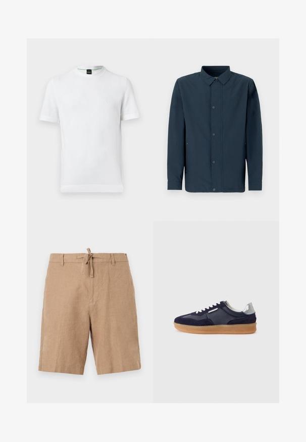 Chemise à manches longues bleu foncé en tissu texturé, avec fermeture boutonnée sur le devant, col classique et poches latérales, sur un fond uni.; T-shirt blanc à manches courtes et col rond avec un logo discret "BOSS" sur la poitrine et un détail vert à l'intérieur du col, sur un fond uni.; Shorts beige longueur genou avec taille à cordon et passants de ceinture, fabriqués en tissu léger et texturé.; Baskets en suède et cuir bleu marine avec une semelle en gomme, des lacets blancs et un accent argenté sur le talon. Design bas avec des détails texturés.