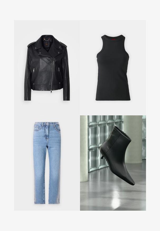 Veste de biker en cuir noir au fini texturé, zip asymétrique, col à revers et garnitures en métal argenté. Dispose de deux poches latérales.; Débardeur sans manches noir en tissu extensible. Présente un col rond et une silhouette ajustée avec des détails de couture minimaux.; Jean en denim bleu clair avec une coupe droite, doté d'une fermeture à bouton et à zip, de cinq poches et d'une texture décolorée sur les jambes.; Bottine en cuir noir à bout pointu et petit talon kitten, présentée en angle devant un sol poli et un mur en blocs de verre.