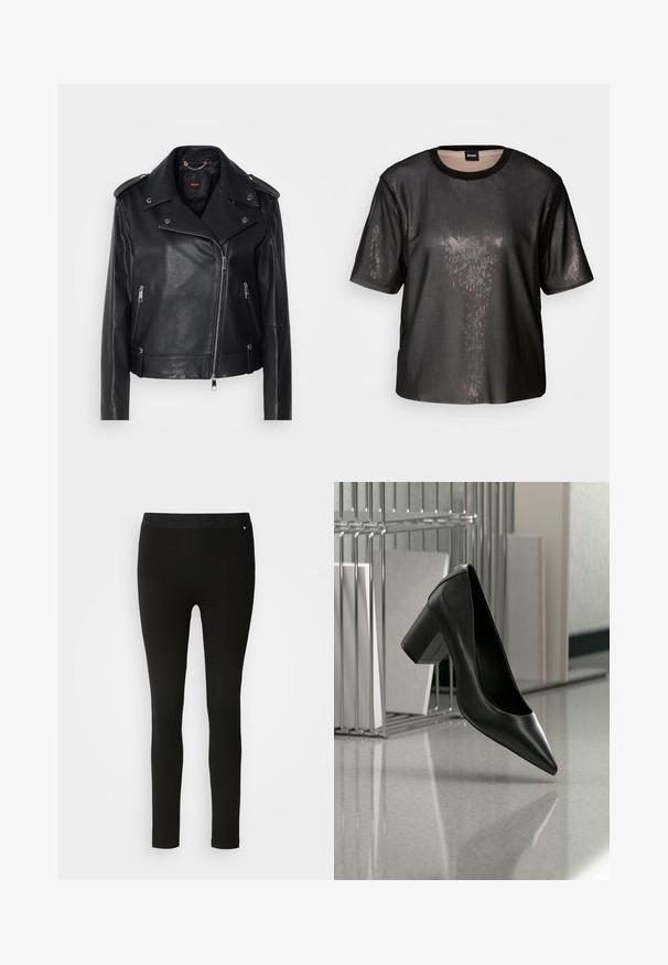 Sort læder bikerjakke med tekstureret finish, asymmetrisk lynlås, klapkrave og sølv hardware-detaljer. Har to sidelommer.; Sort kortærmet top med en struktureret, skinnende overflade, rund halsudskæring og løs pasform. Har diskrete pailletter for et reflekterende udseende.; Sorte leggings med en glat tekstur, featuring en fleksibel talje og diskret sømdetalje. Ingen mønstre eller hardware er til stede.; Sort læderpumps med spids tå og blokhæl, svævende over en reflekterende gulvflade nær en metalfilordner med dokumenter.