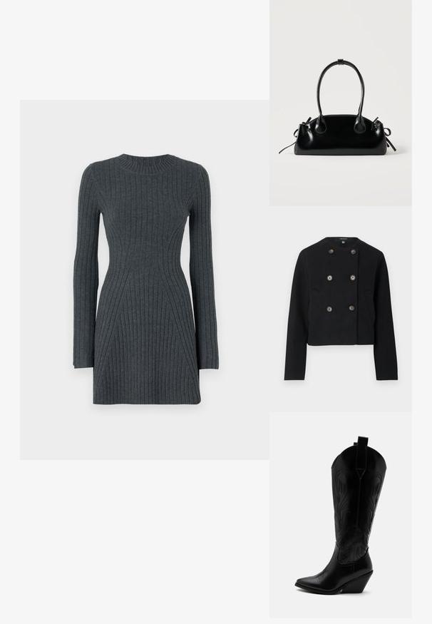 Must be a lovely must-have in any wardrobe. Black cropped topelt kaitsepints, kuue nupuga ja kahe esikotiga, ümmarguse kaelusega ja pikkade varrukatega.; Tumehall ribadega kudumisdress, millel on pikad varrukad, keha ümbritsev siluett, ümar kaelus ja diagonaalsed õmblused, mis rõhutavad vormi.; Mustast nahast kauboi saabas terava varbaosaga, kaldus kand, dekoratiivse õmblusega ning nööpidega üleval valge tausta peal.; Väike must läikiv käekott kahe pika sangaga ja külgedel paelakinnitustega, ühel lihtsal helel taustal.