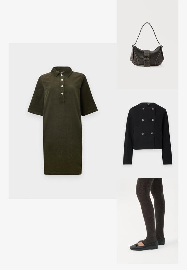Must be a lovely must-have in any wardrobe. Black cropped topelt kaitsepints, kuue nupuga ja kahe esikotiga, ümmarguse kaelusega ja pikkade varrukatega.; Tume rohelisest korduroost särgidress lühikeste varrukatega, kaelusega ja neli hõbedast nööpi esiääres.; Jalad seljas tumedad soonelises soonelises kombines mustade baleriinadega, millel on väikesed paelade detailid valgel taustal.; Mustast nahast õlakott pandlanööriga detailiga, kõverate servade ja kontrastse valge õmblusega tavalise tausta peal.