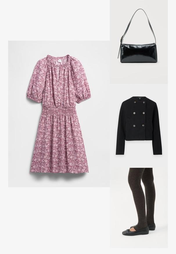 Veste noire raccourcie à double boutonnage avec six boutons et deux poches avant, dotée d'un col rond et de manches longues.; Robe fleurie en nuances de rose et blanc, avec une taille smockée, des manches bouffantes, des boutons sur le devant et une texture de tissu douce.; Jambes portant des leggings côtelés foncés associés à des ballerines noires avec de petits détails en nœud sur fond blanc.; Sac d'épaule rectangulaire noir avec une sangle réglable unique et une fermeture éclair supérieure sur un fond uni.