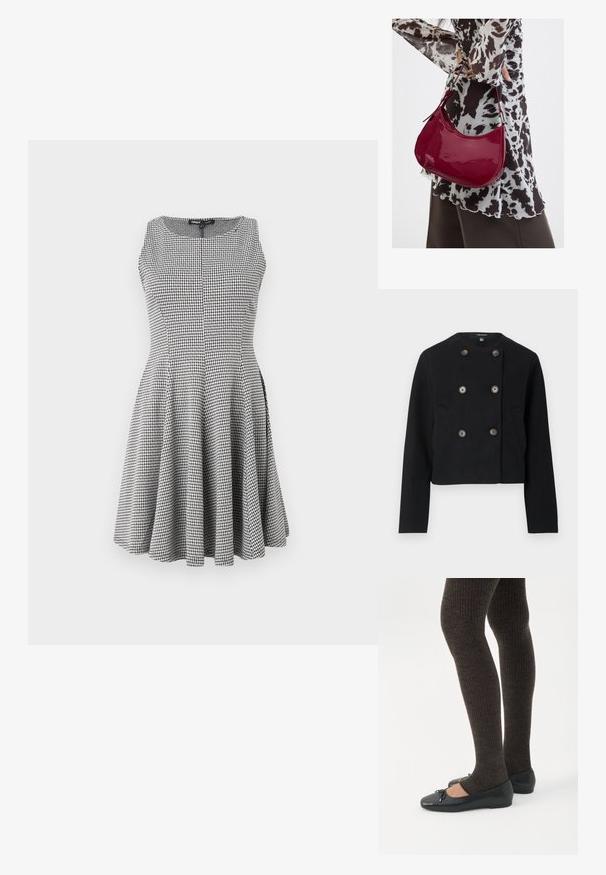 Veste noire raccourcie à double boutonnage avec six boutons et deux poches avant, dotée d'un col rond et de manches longues.; Robe sans manches à carreaux noir et blanc avec un corsage ajusté et une jupe évasée, texture lisse et détails de couture subtils.; Jambes portant des leggings côtelés foncés associés à des ballerines noires avec de petits détails en nœud sur fond blanc.; Femme portant un chemisier à motif noir et blanc tenant un sac à main rouge brillant sur un fond uni.