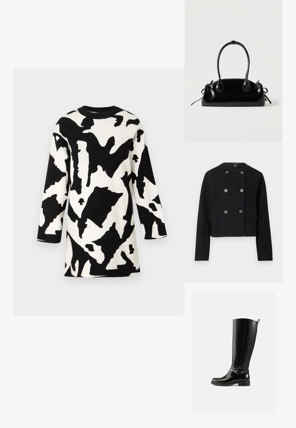 Veste noire raccourcie à double boutonnage avec six boutons et deux poches avant, dotée d'un col rond et de manches longues.; Robe tricotée noir et blanc avec un motif abstrait, encolure ronde et manches trois-quarts. Texture douce et design mi-long.; Bottes noires montantes en cuir verni, avec un détail de boucle argentée à la cheville et une conception à bout arrondi. Semelle plate.; Petit sac à main noir brillant avec deux longues anses et des détails à cordon sur les côtés sur un fond clair uni.