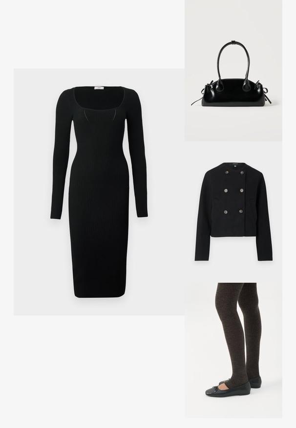 Veste noire raccourcie à double boutonnage avec six boutons et deux poches avant, dotée d'un col rond et de manches longues.; Robe midi noire côtelée à manches longues, décolleté carré et coupe ajustée. Texture lisse avec une silhouette moulante.; Jambes portant des leggings côtelés foncés associés à des ballerines noires avec de petits détails en nœud sur fond blanc.; Petit sac à main noir brillant avec deux longues anses et des détails à cordon sur les côtés sur un fond clair uni.
