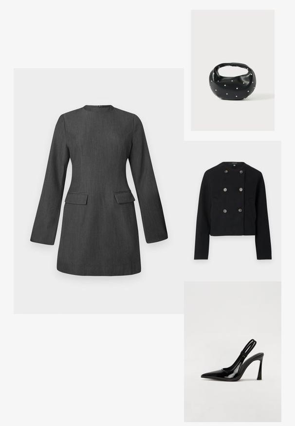 Must be a lovely must-have in any wardrobe. Black cropped topelt kaitsepints, kuue nupuga ja kahe esikotiga, ümmarguse kaelusega ja pikkade varrukatega.; Hallitatud hall kleit pikkade varrukatega, ümara kaelusega ja kahe esiosas oleva taskuga. Valmistatud tekstuurilisest kangast, omades stiilset ja struktureeritud disaini.; Mustmust must have sinine nahk välijalatsid terava toe, saledad kõrged kontsad ja kaks elastset rihma turvaliseks sobitamiseks. Sile, läikiv pind.; Mustast nahast ümmarguse kujuga käekott, kaunistatud hõbedaste naeladega, lühikese sangaga. Sile tekstuur ja tõmblukuga sulgemine.