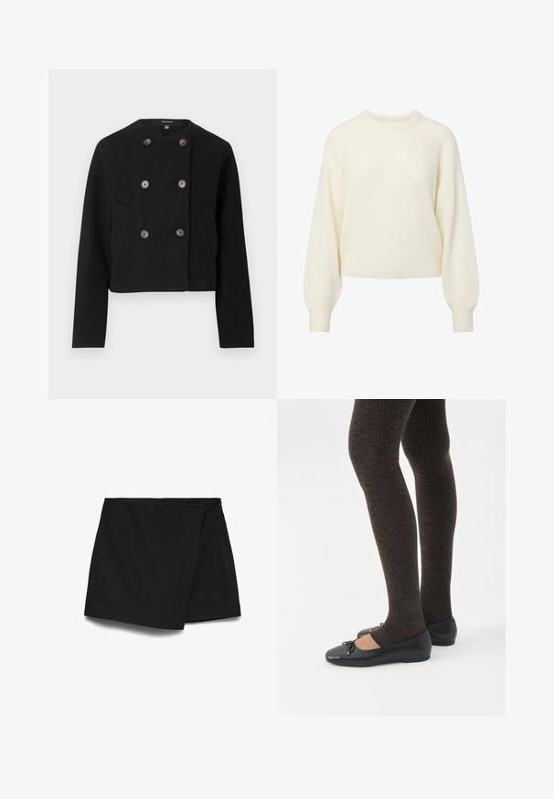 Veste noire raccourcie à double boutonnage avec six boutons et deux poches avant, dotée d'un col rond et de manches longues.; Pull en maille crème à manches longues avec un col rond côtelé, des poignets et un ourlet.; Mini-jupe asymétrique noire avec devant drapé et fermeture éclair latérale.; Jambes portant des leggings côtelés foncés associés à des ballerines noires avec de petits détails en nœud sur fond blanc.