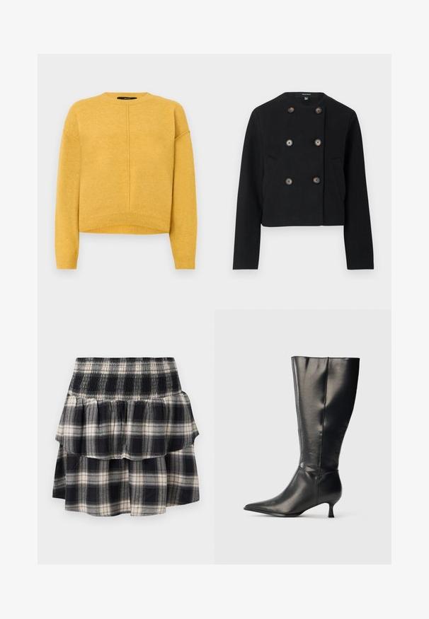 Veste noire raccourcie à double boutonnage avec six boutons et deux poches avant, dotée d'un col rond et de manches longues.; Pull en maille jaune avec un col rond, des épaules tombantes et un ourlet côtelé. Texture douce et design simple à coupe droite.; Jupe à volants à carreaux noir et blanc avec taille smockée. Avec des couches froncées et une texture douce en coton.; Botte en cuir noire montant jusqu'au genou, avec un bout pointu et un petit talon bas, présentée sur un fond clair uni.