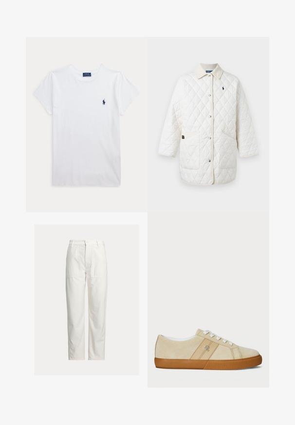 Weiße gesteppte Jacke mit Druckknöpfen, zwei Fronttaschen und einem kleinen gestickten Logo auf der linken Brust unter einem hellbraunen Kragen.; Weißes T-Shirt mit kurzen Ärmeln und Rundhalsausschnitt mit kleinem dunkelblauem Polo Ralph Lauren Logo auf der linken Brust.; Weiße Hose mit geradem Bein, großen aufgesetzten Taschen vorne, Gürtelschlaufen und Knopfverschluss in der Taille.; Beige Wildlederschuhe mit weißen Schnürsenkeln und Gummisohle. Auf der Seite befindet sich ein Logo, und sie haben eine glatte Textur. Klassisches Low-Top-Design.