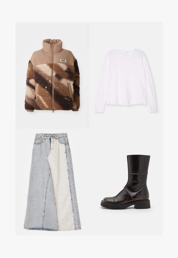 Chaqueta de plumas de forro polar en marrón y beige con bloques de color diagonales, cuello alto, cremallera frontal, puños elásticos y parche con el logo de EA7 Emporio Armani.; Camisa blanca de manga larga hecha de una tela suave, con un escote redondo, corte relajado y slit en los lados del dobladillo para mayor comodidad al moverse.; Falda de mezclilla con un diseño de patchwork que presenta secciones en azul claro y medio, dobladillos deshilachados y cintura alta. Estilo clásico de cinco bolsillos.; MIISTA DAHLIA - Botas con plataforma - brown