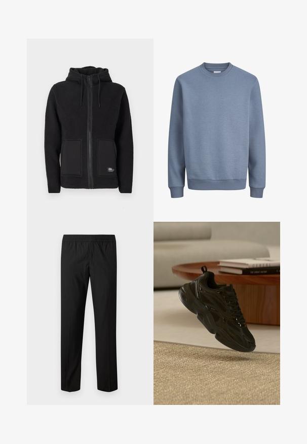 Schwarze Fleecejacke mit Kapuze, ausgestattet mit einem durchgehenden Reißverschluss, zwei Fronttaschen und strukturiertem Stoff für Wärme. Etikett an der unteren linken Seite.; Blaues Sweatshirt mit Rundhalsausschnitt, langen Ärmeln sowie gerippten Bündchen an Ärmeln und Saum, hergestellt aus weichem Stoff.; Schwarze Hose mit geradem Bein und elastischem Bund, ohne sichtbare Taschen oder Verzierungen.; Schwarzer klobiger Sneaker mit Mesh- und glänzenden Details, der über einem beigen Teppich schwebt, runder Holztisch mit Büchern im Hintergrund.