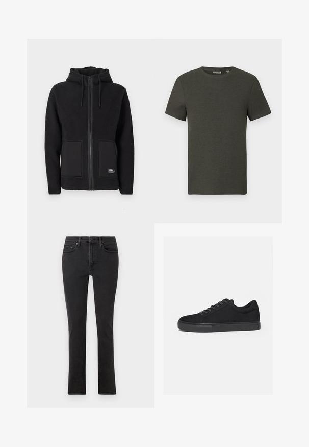 Schwarze Fleecejacke mit Kapuze, ausgestattet mit einem durchgehenden Reißverschluss, zwei Fronttaschen und strukturiertem Stoff für Wärme. Etikett an der unteren linken Seite.; Dunkelgrünes T-Shirt mit kurzen Ärmeln und rundem Ausschnitt, aus geripptem Material; zeichnet sich durch ein einfaches, minimalistisches Design ohne Muster aus.; Schwarze Jeans aus Denim im Slim-Fit-Schnitt. Verfügt über fünf Taschen, Gürtelschlaufen und einen Frontreißverschluss mit Knopfverschluss. Glatte Textur.; Schwarzer Low-Top-Sneaker mit Schnürung vorne und flacher Gummisohle, seitlich auf weißem Hintergrund dargestellt.