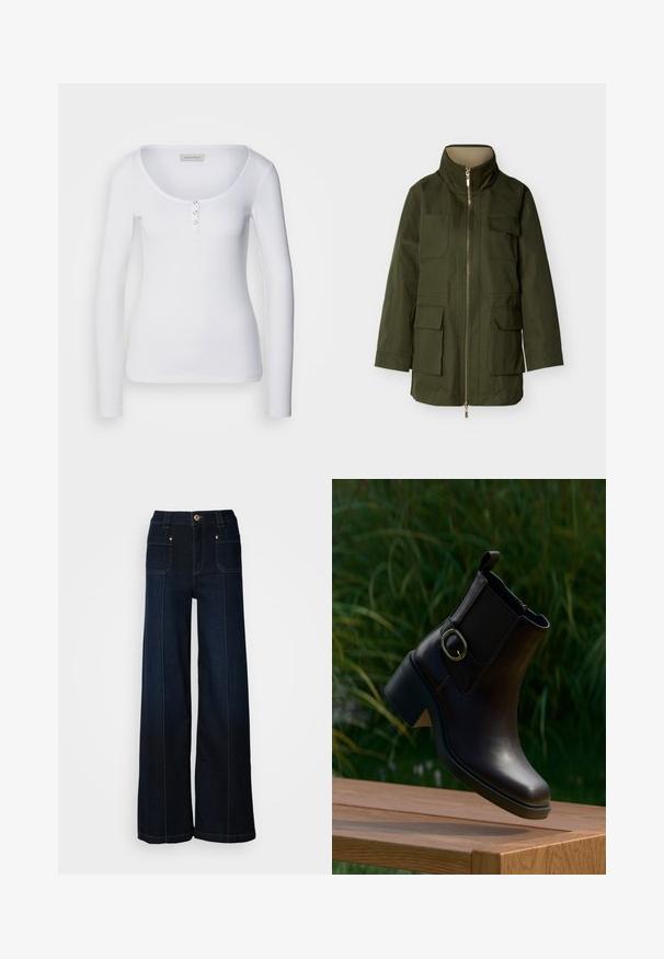 Veste longue vert olive avec col montant, fermeture éclair frontale et quatre poches à rabat sur le devant, présentée sur un fond blanc.; Haut à manches longues blanc avec un décolleté en scoop, texture côtelée et trois accents de boutons argentés sur le plastron avant.; Jean en denim à jambes larges de couleur bleu foncé. Dispose de poches avant, de quincaillerie dorée et de coutures contrastées. Texture lisse avec un design décontracté.; Bottine en cuir noir avec un petit talon et une boucle latérale flottant au-dessus d'une surface en bois en extérieur avec un fond de feuillage vert.
