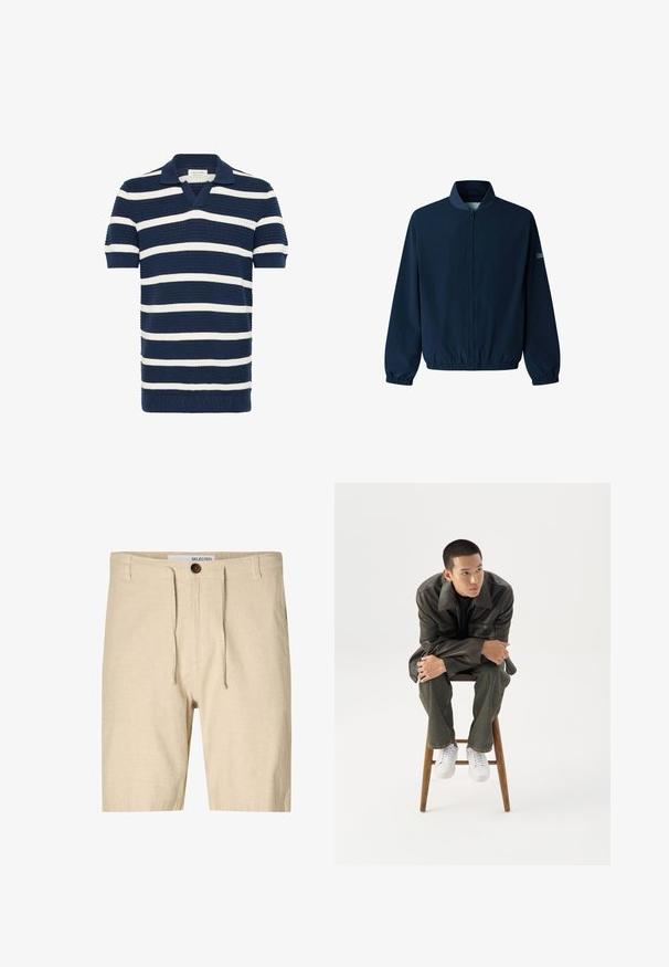 Veste bomber bleu marine avec fermeture éclair à l'avant, poignets et ceinture élastiques, avec un petit logo sur le haut de la manche gauche.; Polo rayé aux couleurs bleu marine et blanc, manches courtes, col en V, motif en maille texturée et ourlet côtelé.; Shorts en lin beige avec une taille à cordon, une fermeture à un bouton et un tissu texturé. Style décontracté, coupe à hauteur des genoux.; Jeune homme en veste en cuir foncée et jean, assis sur un tabouret en bois, penché en avant, les bras croisés, regardant sur le côté sur fond blanc.