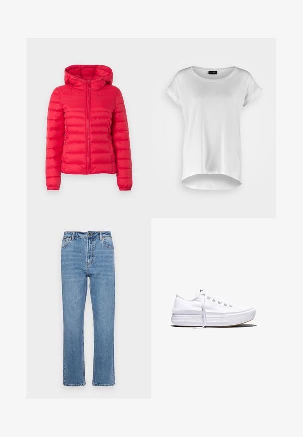 Rood pufferjack met capuchon, voorzien van een doorgestikte structuur en een ritssluiting aan de voorkant. Elastische manchetten en zoom voor extra ondersteuning en comfort. Licht en warm ontwerp.; Witte T-shirt met korte mouwen en ronde halslijn, iets langere achterkant, zachte katoen stof en opgerolde mouwen. Geen zichtbare prints.; Lichtblauwe denim jeans met een rechte pijp, vijf zakken, een sluiting met een knoop aan de voorkant en subtiele vervaging op de stof.; Witte lage canvas sneaker met dikke plateauzool, veters aan de voorkant en rubberen toeskap met structuur, zijaanzicht.