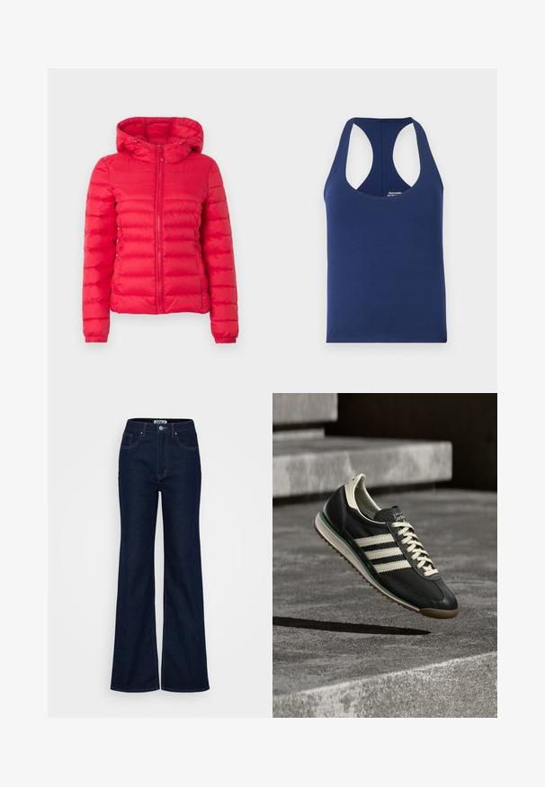 Rød dunjakke med hætte, med quiltet tekstur og lynlås foran. Elastiske manchetter og kant giver støtte og komfort. Let og varm design.; Marineblå ærmeløs tanktop lavet af blødt bomuld. Har en rund halsudskæring og brede armhuller. Enkel, tætsiddende design uden mønstre.; ONLY Tall ONLJUICY WIDE RINSE - Wide leg - dark blue denim; Sort lædersneaker med tre hvide striber, cremefarvede snørebånd, tekstureret tunge og en gummisål i farven karamel. Minimalsitisk design med retroinspiration.