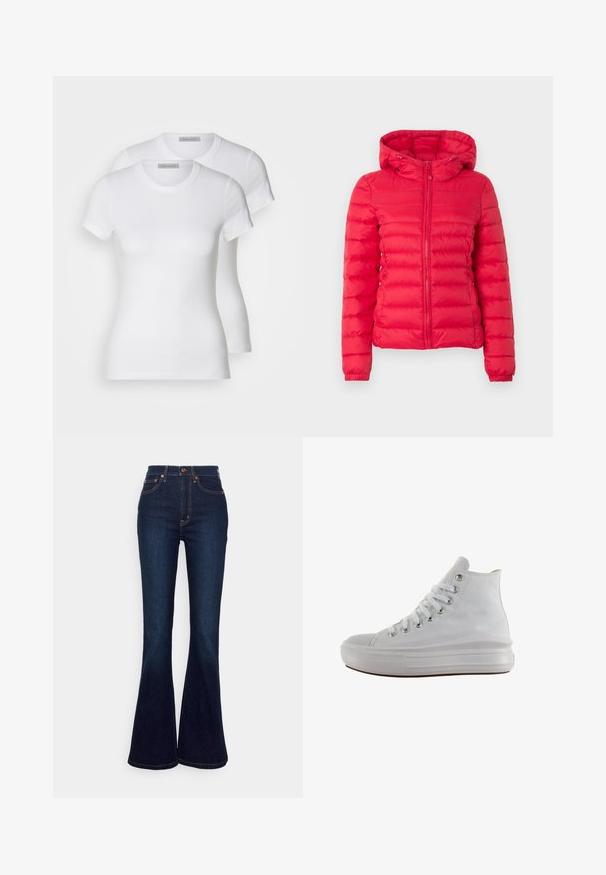 Veste matelassée rouge avec capuche, présentant une texture matelassée et une fermeture éclair à l'avant. Poignets et ourlet élastiques pour un maintien et un confort accrus. Design léger et chaud.; Deux t-shirts en coton blanc à manches courtes, à encolure ronde et à coupe ajustée, présentant une texture lisse et un design minimaliste.; Jeans évasés bleu marine en denim avec une taille haute, présentant des coutures orange contrastantes et une coupe droite du genou à l'ourlet.; Baskets montantes en toile blanche avec lacets blancs, œillets métalliques, semelle épaisse en caoutchouc et bout texturé, orientées vers la gauche sur fond blanc.